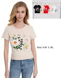 48 Bulk Women's 3d Applique Floral Butterfly Graphic T-Shirt S/M-L/xl
