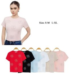 48 Bulk Women's Scattered Rhinestone Floral Embellished T-Shirt S/M-L/xl