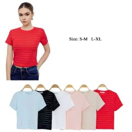 48 Bulk Women's Rhinestone Pinstripe Horizontal Embellished T-Shirt S/M-L/xl
