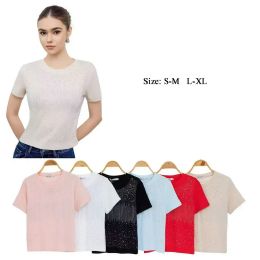 48 Bulk Women's Rhinestone Vertical Pinstripe & Scattered Star Embellished T-Shirt S/M-L/xl