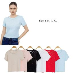 48 Bulk Women's Rhinestone Collar & Scattered Star Embellished T-Shirt S/M-L/xl