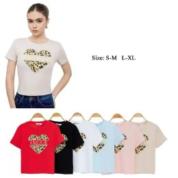 48 Bulk Women's "amour" Leopard Heart Rhinestone T-Shirt S/M-L/xl