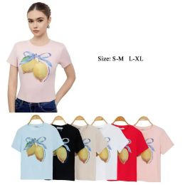 48 Bulk Women's Lemon Ribbon Rhinestone T-Shirt S/M-L/xl