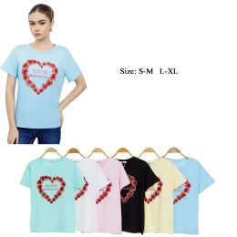 48 Bulk Women's Cherry Heart "love In My Heart" Rhinestone T-Shirt S/M-L/xl