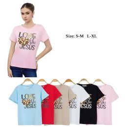 48 Bulk Women's "love Like Jesus" Leopard Heart Rhinestone T-Shirt S/M-L/xl