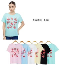 48 Bulk Women's Ribbon Bow & Cherry Rhinestone T-Shirt S/M-L/xl
