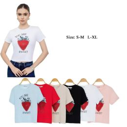 48 Bulk Women's "you Are Sweet" Strawberry Ribbon Rhinestone T-Shirt S/M-L/xl