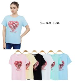 48 Bulk Women's Shimmering Cluster Heart Rhinestone T-Shirt S/M-L/xl