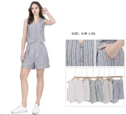48 Bulk Women's Pinstripe ButtoN-Down Vest And HigH-Waist Shorts TwO-Piece Set S/m, L/xl
