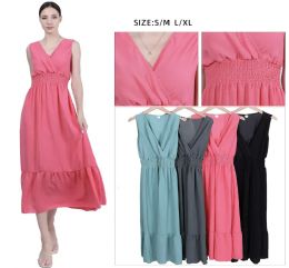48 Bulk Women's Sleeveless Surplice V-Neck Smocked Waist Midi Dress S/m, L/xl