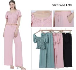 48 Bulk Women's Puff Sleeve Smocked Crop Top And WidE-Leg Pants TwO-Piece Set S/m, L/xl