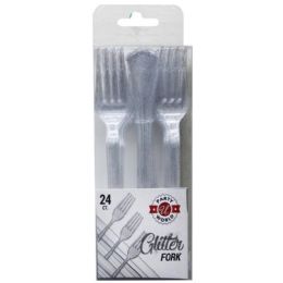 48 Bulk 24-Piece Plastic SILVER GLITTER CUTLERY FORK