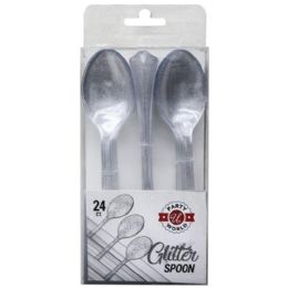 48 Bulk 24-Piece Plastic SILVER GLITTER CUTLERY SPOON
