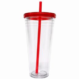 24 Bulk 24 Oz Drinkware Tumbler With Lid & Straw In Clear And Red