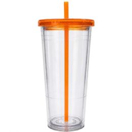 24 Bulk 24 Oz Drinkware Tumbler With Lid & Straw In Clear And Orange