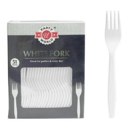 48 Bulk 51-Piece WHITE FORK Plastic CUTLERY IN PRINTED BOX