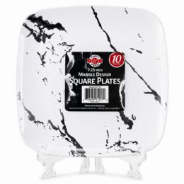 24 Bulk 7.25" WHITE MARBLE PATTERN SQUARE PLASTIC PLATE 10-Piece