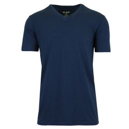 24 Bulk Men's Short Sleeve V-Neck Cotton Stretch Tees Navy Medium