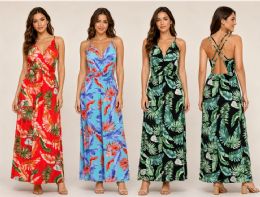 24 Bulk Women's Tropical Leaf Print V-Neck Maxi Dress