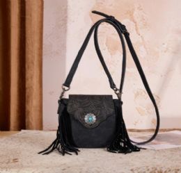 12 Bulk Montana West Embossed Fringe Mini Crossbody - Black