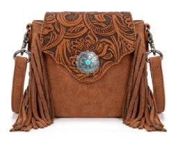12 Bulk Montana West Embossed Fringe Mini Crossbody - Brown