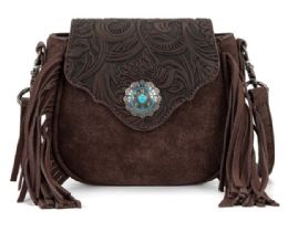 12 Bulk Montana West Embossed Fringe Mini Crossbody - Coffee