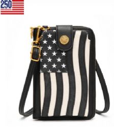 12 Bulk Montana West American Flag Rfid Crossbody Phone Wallet - Black
