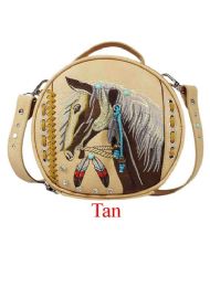 6 Bulk Round Crossbody Bag With Horse Embroidery - Tan