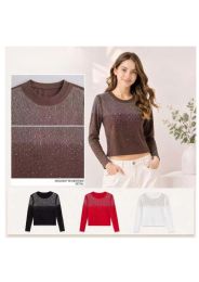 24 Bulk Women's Long Sleeve Top Gradient Rhinestone Detail