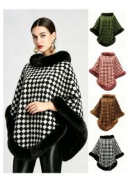 24 Bulk Checkered Cape With Faux Fur Trim