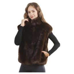 24 Bulk Plush Faux Fur Vest With Collar - Coffee Brown