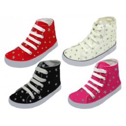 24 Bulk Toddler's Lace Up Hightop Star Printed Canvas Shoes
