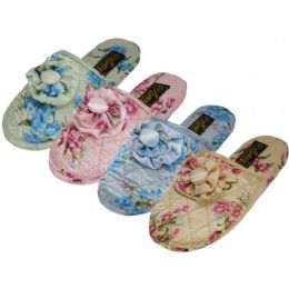 48 Bulk Women's Quilted Satin Floral Upper Close Toe Printed House Slippers