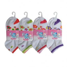 48 Bulk 3 Pair Girls Flower Ankle Socks Size 4-6 Assorted Colors