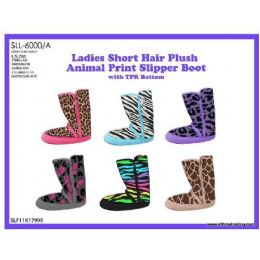 36 Bulk Ladies Short Hair Plush Animal Print Slipper Boot With Tpr Bottom