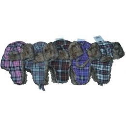 48 Bulk Plaid Print Aviator Hat