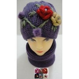 72 Bulk Hand Knitted Fashion Hat & Scarf SeT--2 Flowers