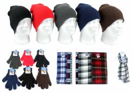 8820 Bulk Adult Beanie Knit Hats, Magic Gloves, And Checkered Scarves Combo Packs