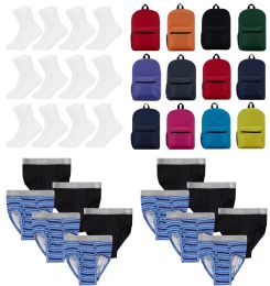 36 Bulk Boys Clothing Kit 12 Pairs White Crew Socks & 12 Pairs Boys Large Underwear & 12 Backpacks