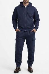 18 Bulk Cotton Fleece Cargo Jogger And Zipper Hoodie Set In Navy Assorted Sizes M- 2xl