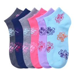 216 Bulk Girls Butterfly Printed Spak Spandex Ankle Socks Size 4-6