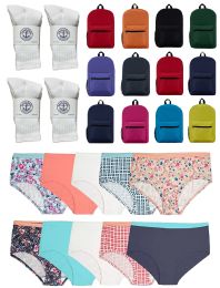 36 Bulk Girls Clothing Kit 12 Pairs White Crew Socks & 12 Pcs Girls Underwear & 12 Backpacks