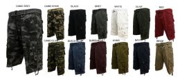 12 Bulk Men's Fashion Cargo Shorts With Belt In Camo Khaki Pack A
