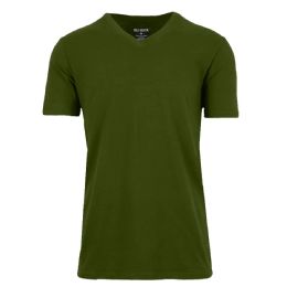 24 Bulk Men's Short Sleeve V-Neck Cotton Stretch Tees Olive Large