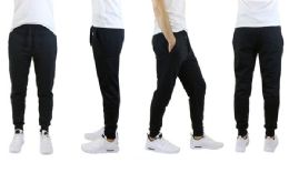 24 Bulk Men's Slim Fit Fleece Jogger Sweatpants Pockets, Solid Black