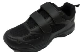 12 Bulk Men's Velcro Strap Sneaker Black Color Size 8-12