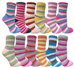 240 Bulk Yacht & Smith Women's Fuzzy Snuggle Socks , Size 9-11 Comfort Socks Assorted Stripes