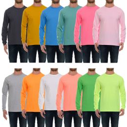 144 Bulk Mens Cotton Long Sleeve Tee Shirt Assorted Light Colors Size Small
