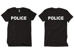 36 Bulk Unisex Cotton Police Printed T Shirt Black With White Print Back And Front Size Small