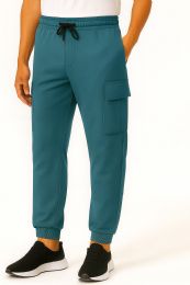 24 Bulk Mens Cotton Fleece Cargo Joggers In Teal Assorted Sizes S-xl